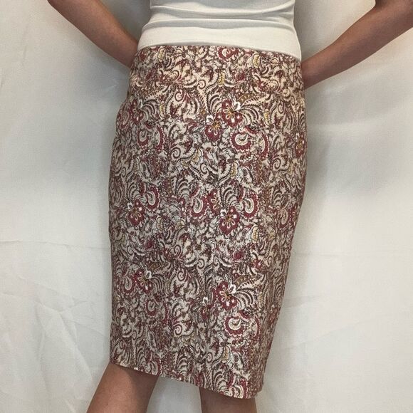 Charter Club Womens Paisley Pencil Skirt Cream Brown Yellow Red 10 Elastic Waist - Picture 4 of 11